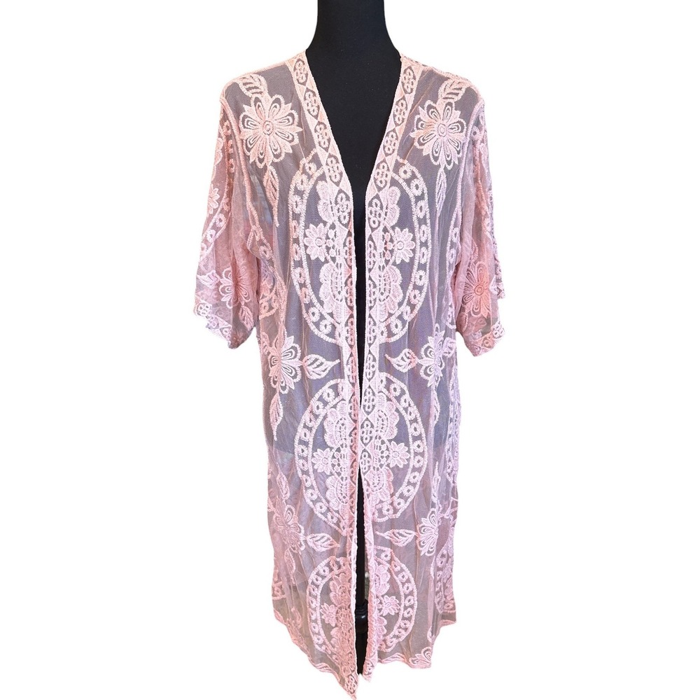 Pink Embroidered Lace Open Front Long Kimono Cover-Up, Small/Medium, Cottagecore
